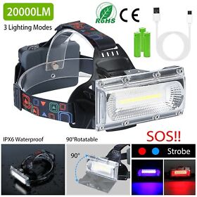 20000lm Cob Led Headlamp Head Torch Lamp Usb Rechargeable Work Flashlight 3 Mode