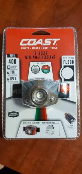 Fl68 Coast 015286302564 400 Lumen Tri-color Headlamp Ipx4 Weatherproof Hinged Flood Beam 19hr