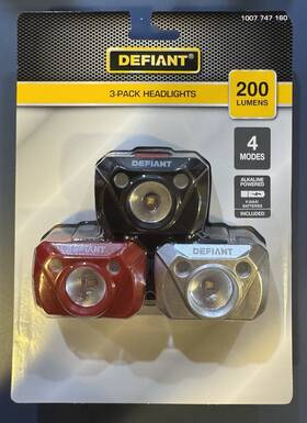 Defiant 194767002084 Headlamp 3-pack 200 Lumens With 4 Light Modes New In Package