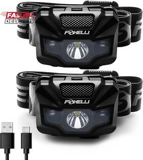 Foxelli 744110085488 Usb C Rechargeable Led Headlamp Ultra Light 2.4 Oz And Bright 180 Lumens
