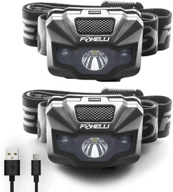 Foxelli Led Headlamp Rechargeable Ultralight Usb 2-pack Black
