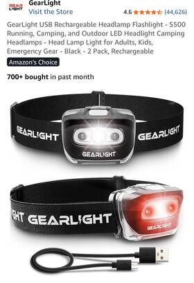 Gl-rlhs500-2p Gearlight Usb Rechargeable Headlamp Flashlight - 2 Pack Black