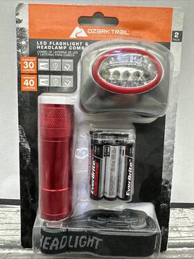 4309 Ozark Trail 4208 New 2 Pack Led Flashlight And Headlamp 30 40 Lumens Batteries