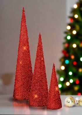 Mtx69685 Tenwaterloo Set Of 3 Red Jeweled And Glittered Christmas Topiary Cone Trees- 24 Inches 1