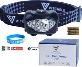 Vitchelo Headlamp White Flashlight Red Safety Light 6 Modes Black