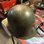 Vintage Military Surplus Green Helmet With Liner, Chinstrap, Militaria Theme. Fixed Price $43.00.