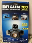 New!! Braun 700 Lumen Adjustable Rechargeable Led Headlamp W/ Charging Cable. Fixed Price $28.08.